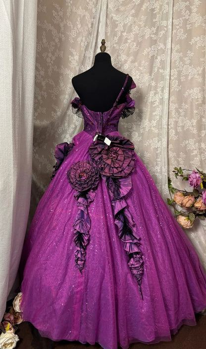 Stunning A-Line One Shoulder Evening Gowns Rhinestones Handmade Flowers Sequins Purple Prom Dress AP2896