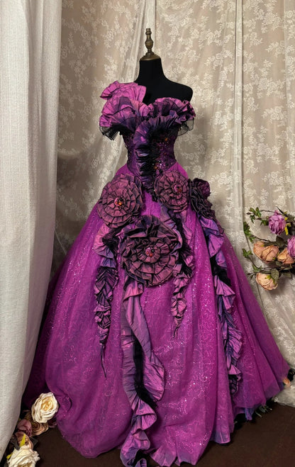 Stunning A-Line One Shoulder Evening Gowns Rhinestones Handmade Flowers Sequins Purple Prom Dress AP2896