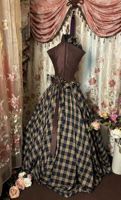 Novelty High Collar A-Line Sweet 16th Dress Bows 3D Floral Plaid Prom Dress AP2897