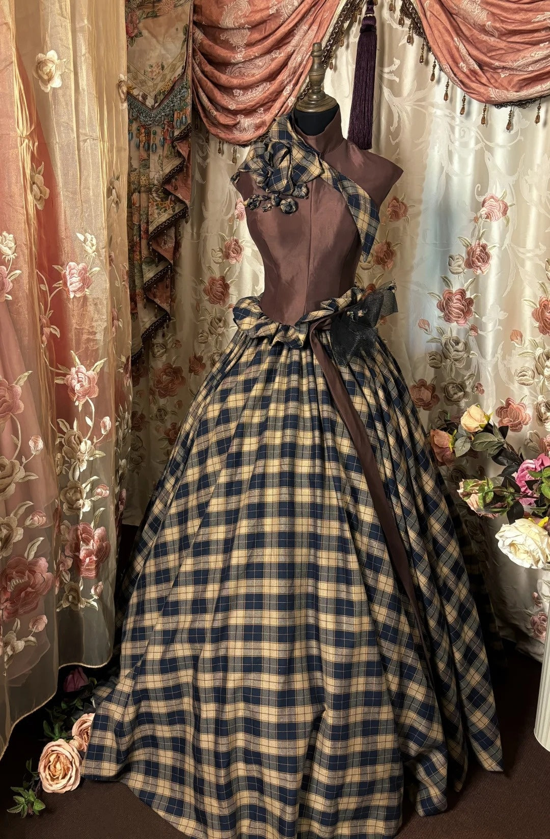 Novelty High Collar A-Line Sweet 16th Dress Bows 3D Floral Plaid Prom Dress AP2897