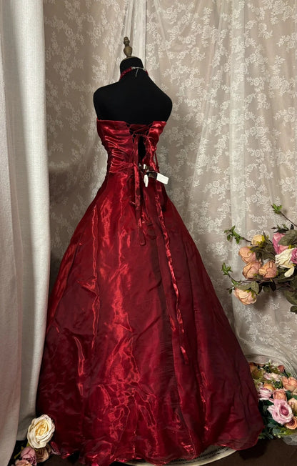 Playful A-Line Strapless Sweet 16th Gowns Handmade Flowers Red Prom Dress AP2908