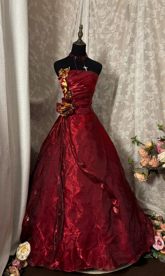 Playful A-Line Strapless Sweet 16th Gowns Handmade Flowers Red Prom Dress AP2908
