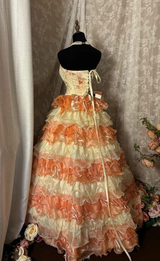 Bling A-Line Strapless Sweet 16th Gowns Sequins Floral Print Tiered Tulle Prom Dress AP2909