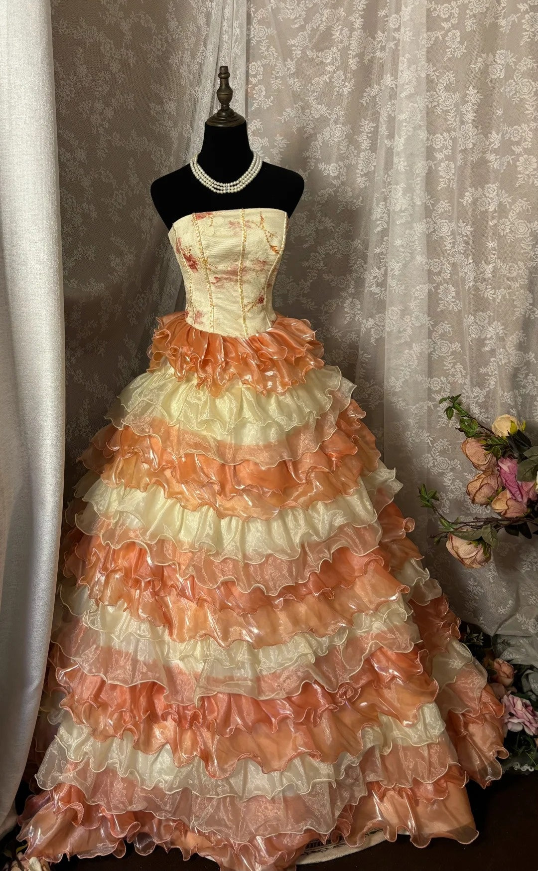 Bling A-Line Strapless Sweet 16th Gowns Sequins Floral Print Tiered Tulle Prom Dress AP2909