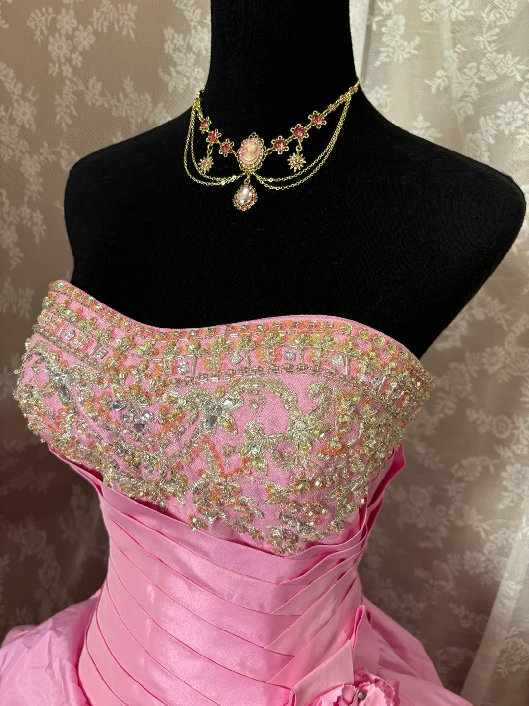 Stylish A-Line Strapless Sweet 16th Gowns Sequins Crystals Beads Handmade Flowers Pink Prom Dress AP2910