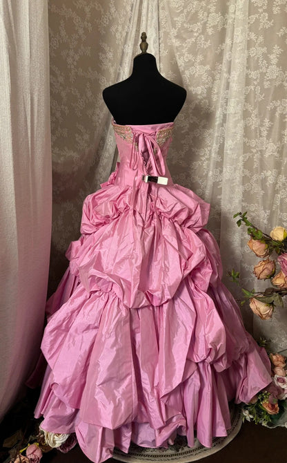 Stylish A-Line Strapless Sweet 16th Gowns Sequins Crystals Beads Handmade Flowers Pink Prom Dress AP2910