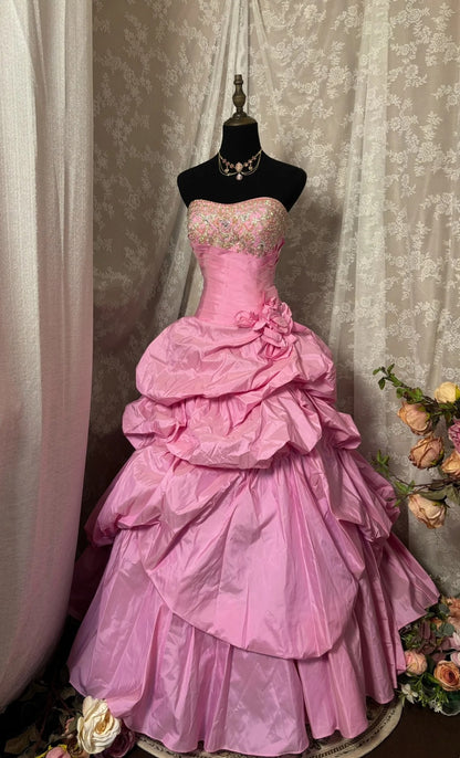 Stylish A-Line Strapless Sweet 16th Gowns Sequins Crystals Beads Handmade Flowers Pink Prom Dress AP2910