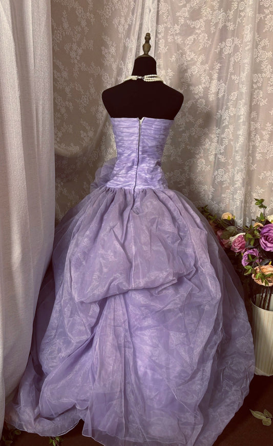 New Arrival A-Line Strapless Sweet 16th Gowns Handmade Flowers Purple Tulle Pleated Prom Dress AP2914