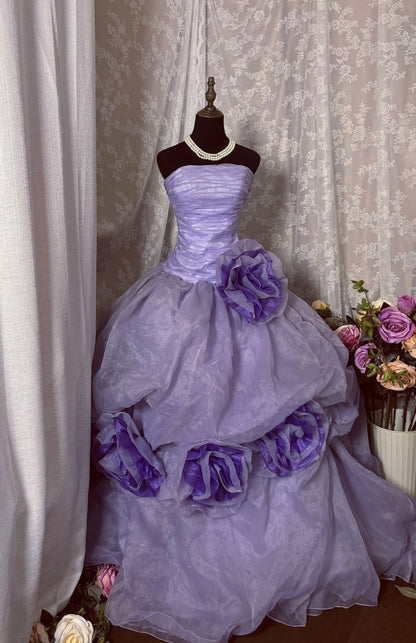 New Arrival A-Line Strapless Sweet 16th Gowns Handmade Flowers Purple Tulle Pleated Prom Dress AP2914