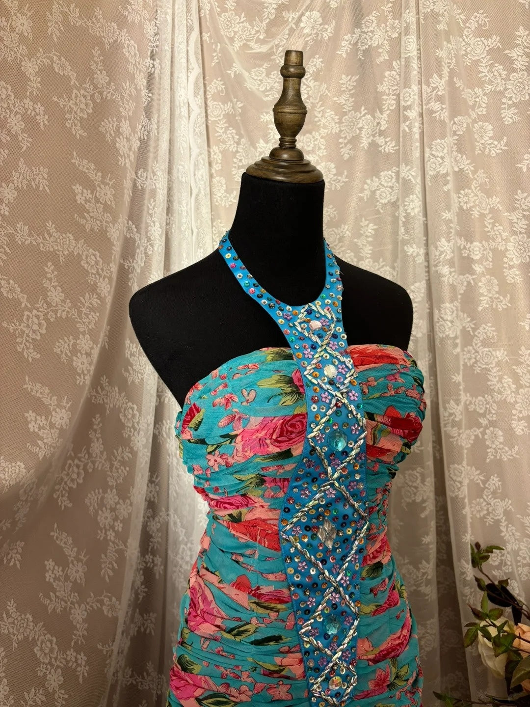 Flattering Mermaid Halter Neck Slit Formal Dresses Rhinestone Sequins Floral Print Prom Dress AP2915