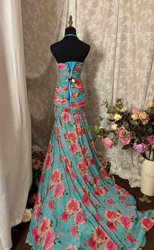Flattering Mermaid Halter Neck Slit Formal Dresses Rhinestone Sequins Floral Print Prom Dress AP2915