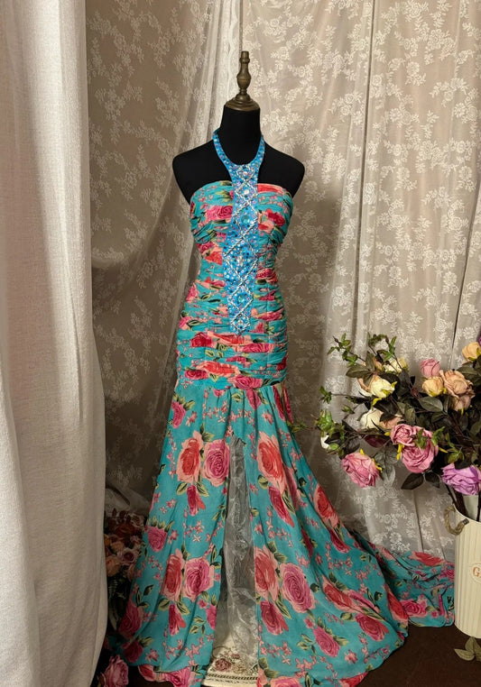 Flattering Mermaid Halter Neck Slit Formal Dresses Rhinestone Sequins Floral Print Prom Dress AP2915