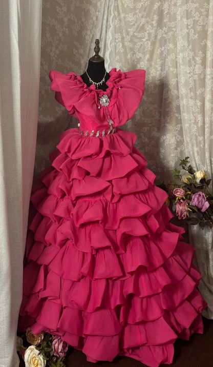 Dopamine Style V-Neck A-Line Sweet 16th Gowns Rhinestone Sequins Beading Ruffled Prom Dress AP2920