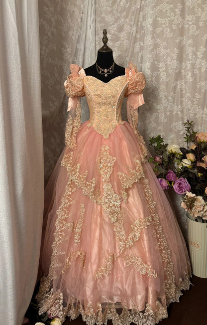 Glittering Sweetheart Neck A-Line Evening Gowns Sequins Beading Appliques Long Lace Sleeve Prom Dress AP2921