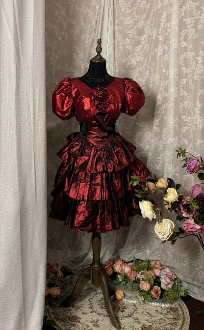 Modern A-Line Jewel Neck Short Sleeve Birthday Dresses Handmade Flowers Red Tiered Homecoming Dress AP2922