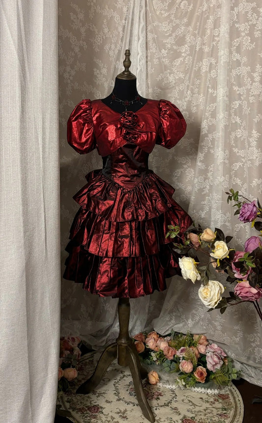 Modern A-Line Jewel Neck Short Sleeve Birthday Dresses Handmade Flowers Red Tiered Homecoming Dress AP2922