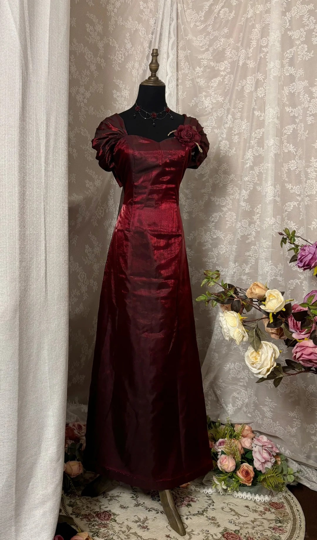 Pretty A-Line Sweetheart Neck Prom Dress With Bow Streamer Handmade Flower Short Sleeve Evening Dresses AP2924