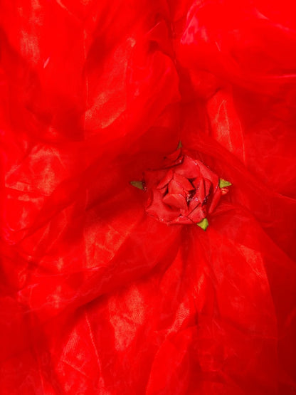 Fancy Spaghetti Strap A-Line Red Prom Dress Handmade Flowers Ruffled Tulle Evening Gowns AP2925