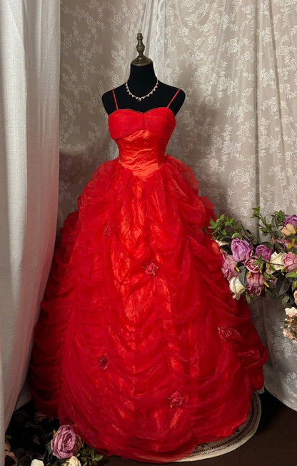 Fancy Spaghetti Strap A-Line Red Prom Dress Handmade Flowers Ruffled Tulle Evening Gowns AP2925