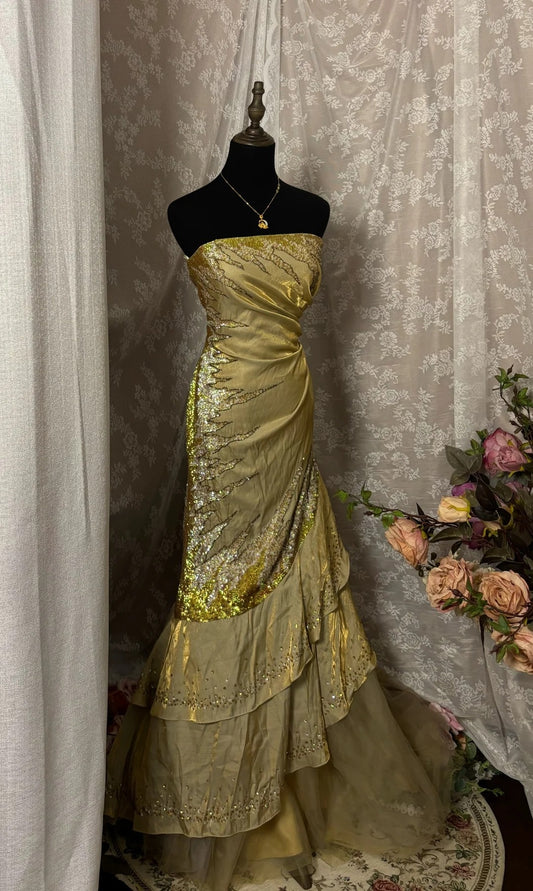 Ornate Strapless Mermaid Sweet 16th Gowns Sequins Tiered Ruched Prom Dress AP2928