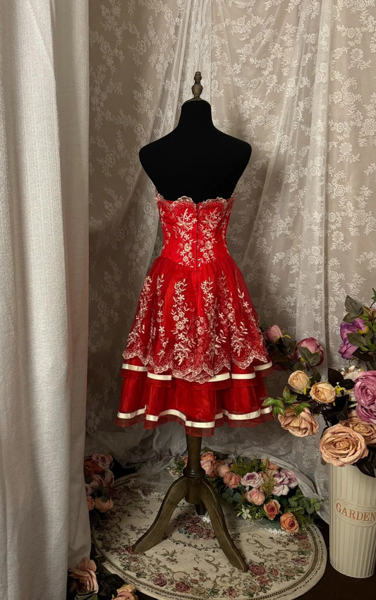 Luxurious Strapless A-Line Birthday Gowns Lace Appliques Red Tiered Homecoming Dress AP2931