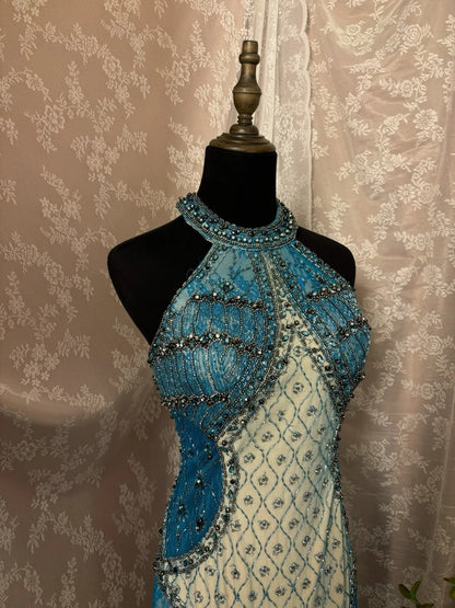 Luxury Halter Neck Sheath Evening Gowns Beading Rhinestone Prom Dress AP2932