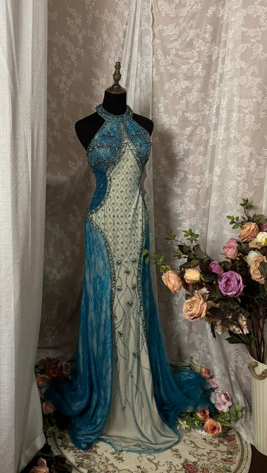 Luxury Halter Neck Sheath Evening Gowns Beading Rhinestone Prom Dress AP2932