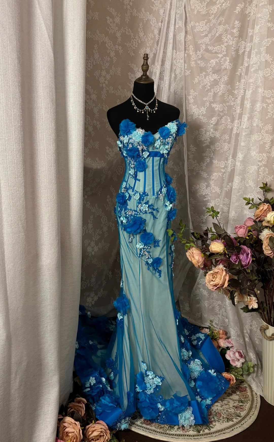 Classical Strapless Mermaid Sweet 16th Gowns Sequins Handmade Flowers Beads Prom Dress AP2935