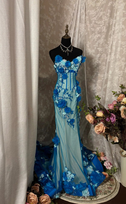 Classical Strapless Mermaid Sweet 16th Gowns Sequins Handmade Flowers Beads Prom Dress AP2935