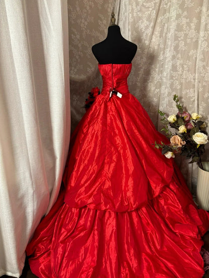 Dreamy A-Line Strapless Ball Gowns Handmade Flowers Sequins Crystals Red Prom Dress AP2941