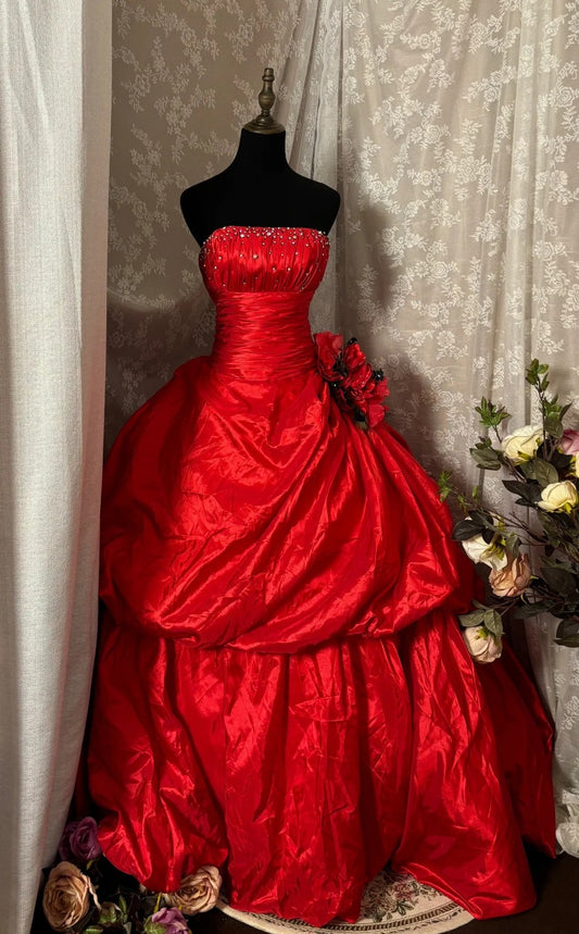 Dreamy A-Line Strapless Ball Gowns Handmade Flowers Sequins Crystals Red Prom Dress AP2941