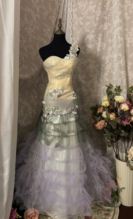 Glam One-Shoulder Mermaid Evening Dresses Beads Sequins Appliques Tulle Tiered Prom Dress AP2945