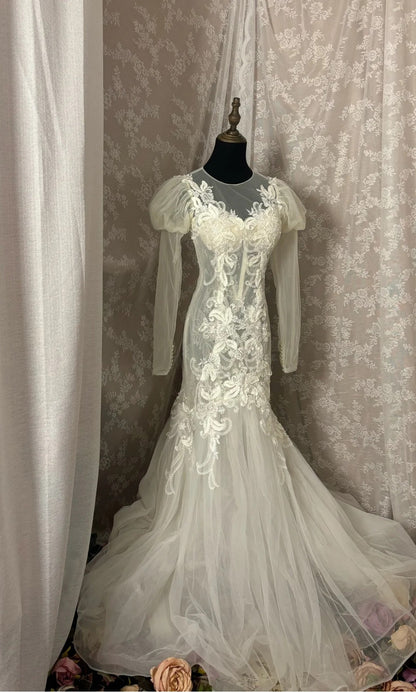 Glamorous Jewel Neck Mermaid Bridal Gowns Appliques Tulle Long Sleeve Wedding Dress AP2946