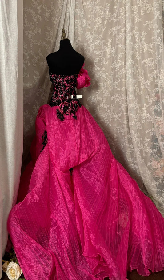 Novelty A-Line Strapless Ball Gowns Beads Sequins Crystals Handmade Flowers Slit Prom Dress AP2949