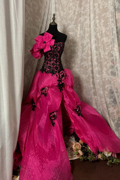 Novelty A-Line Strapless Ball Gowns Beads Sequins Crystals Handmade Flowers Slit Prom Dress AP2949