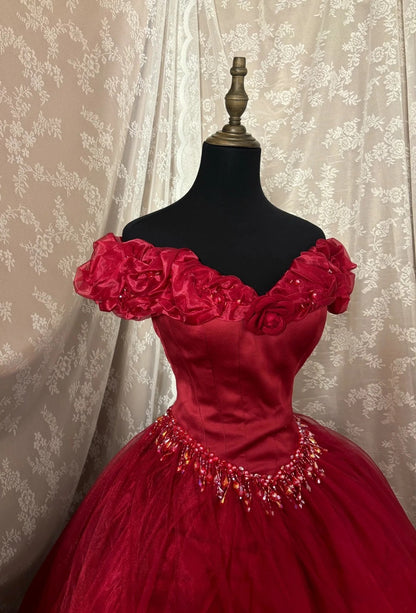 French Style Off-Shoulder A-Line Sweet 16th Dresses Handmade Flower Sequins Beading Ruffled Red Prom Dress AP2953