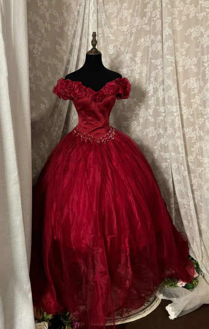 French Style Off-Shoulder A-Line Sweet 16th Dresses Handmade Flower Sequins Beading Ruffled Red Prom Dress AP2953