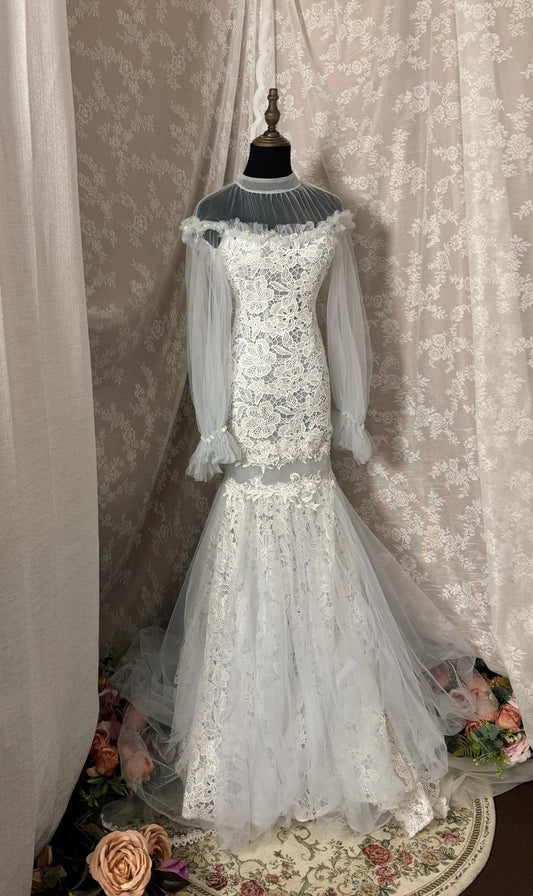 Charming Jewel Neck Mermaid Bridal Gowns Appliques Lace Sequins Beading Tulle Wedding Dress AP2954