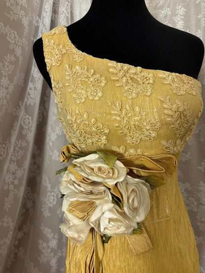 Simple One Shoulder Sheath Evening Gowns Handmade Flowers Sequins Appliques Prom Dress AP2955