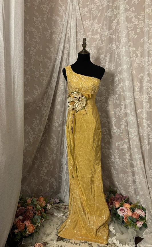 Simple One Shoulder Sheath Evening Gowns Handmade Flowers Sequins Appliques Prom Dress AP2955