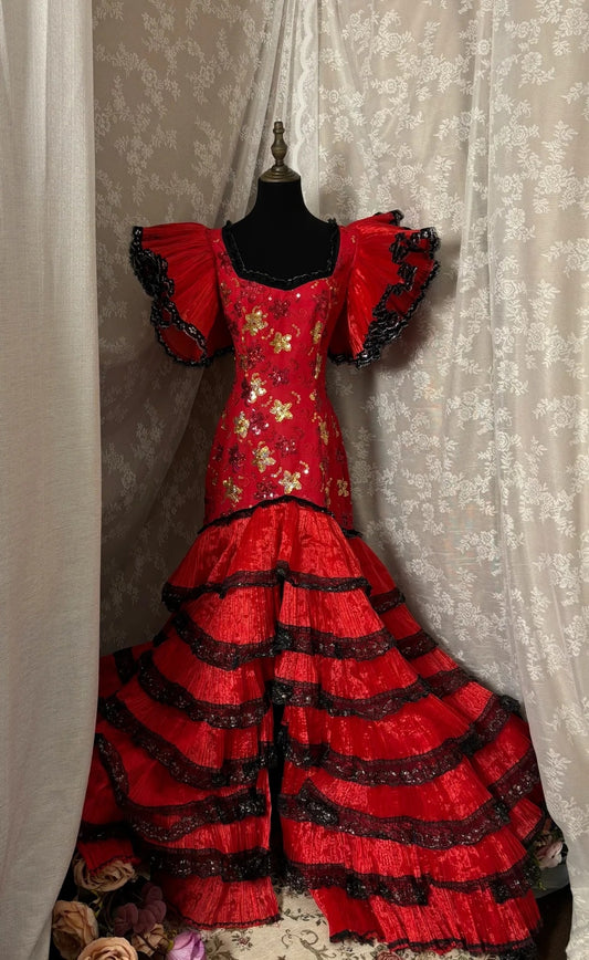 Dramatic Square Neck Mermaid Evening Dress Short Sleeve Sequins Tiered Prom Dress AP2956