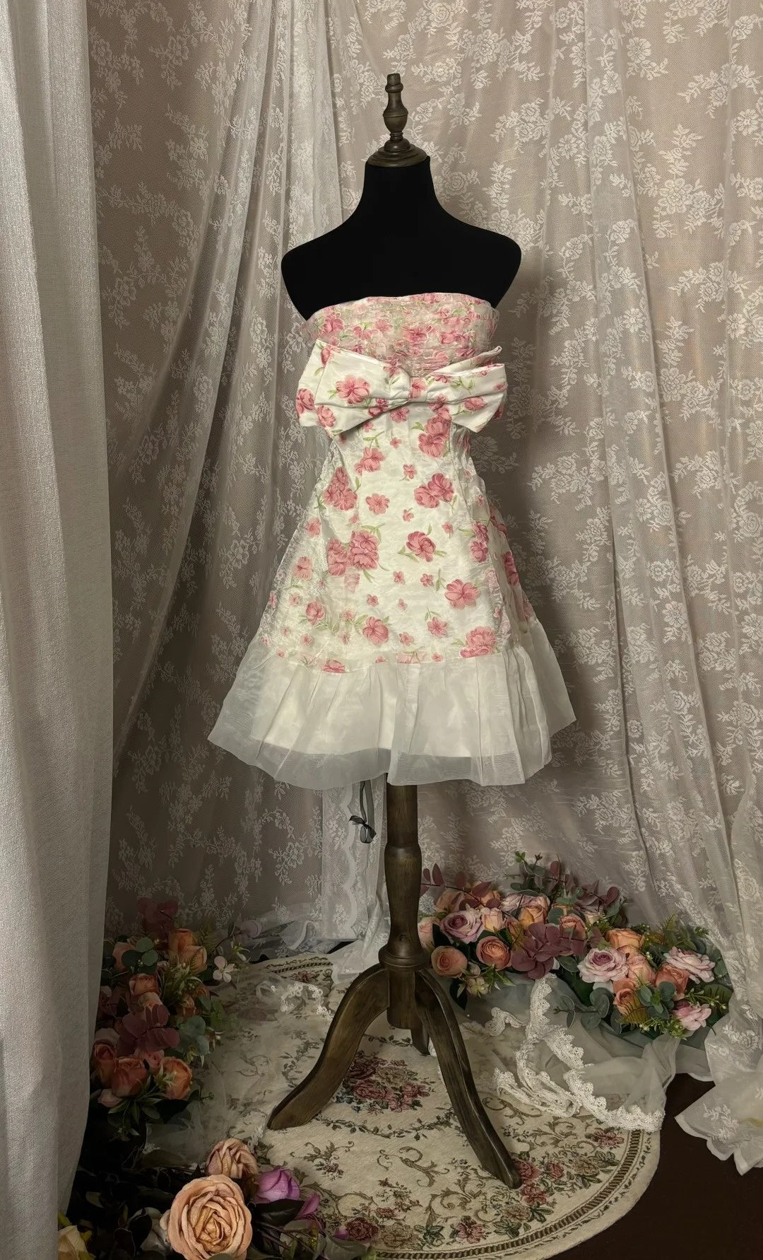 Dopamine Style Strapless A-Line Birthday Gowns Bow Floral Tulle Homecoming Dress AP2958