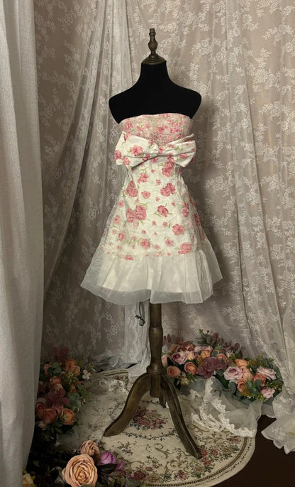 Dopamine Style Strapless A-Line Birthday Gowns Bow Floral Tulle Homecoming Dress AP2958