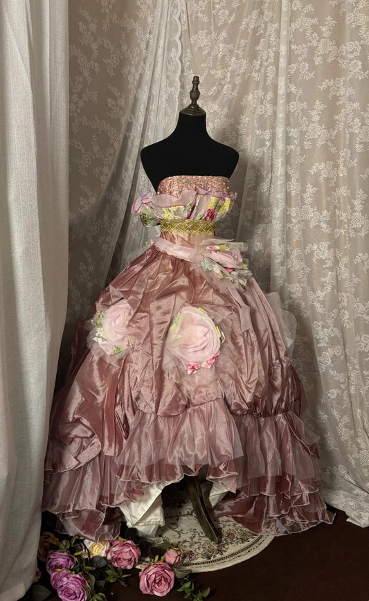 Sparkly A-Line Strapless Ball Gowns Beads Sequins Handmade Flowers Ruffled Tulle Prom Dress AP2959