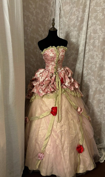 Exquisite A-Line Strapless Ball Gowns Lace Sequins Handmade Flowers Tulle Prom Dress AP2965