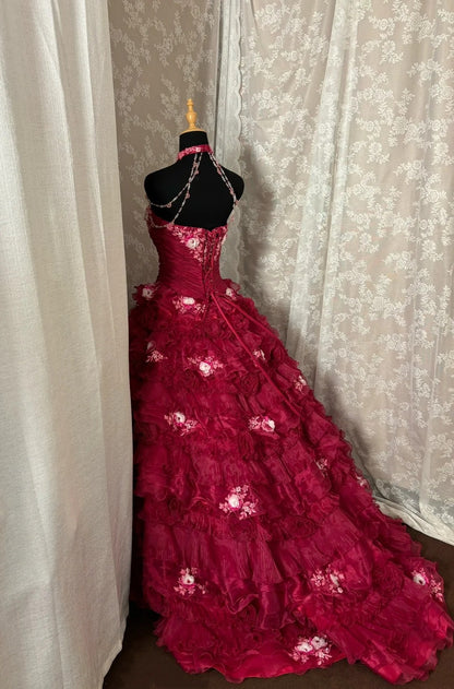 Romantic Strapless A-Line Evening Dress Appliques Handmade Flowers Prom Dress AP2975