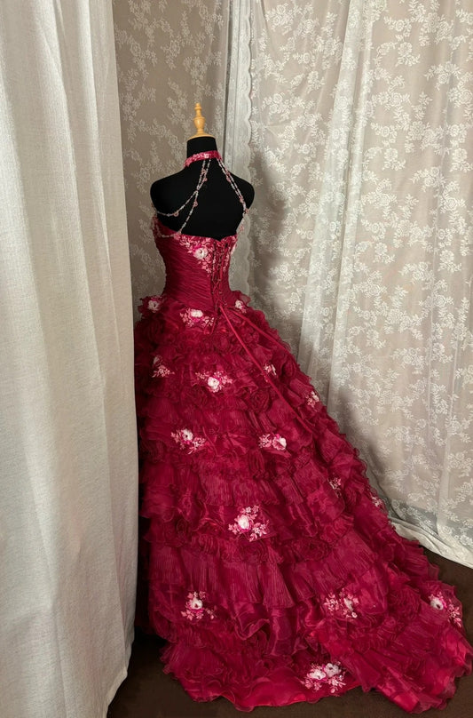 Romantic Strapless A-Line Evening Dress Appliques Handmade Flowers Prom Dress AP2975