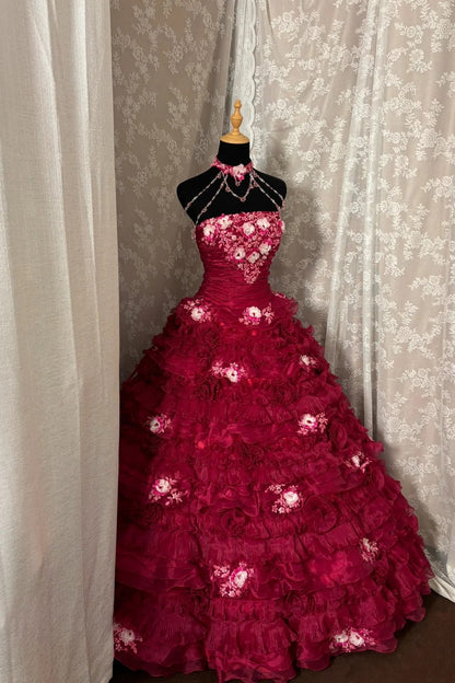 Romantic Strapless A-Line Evening Dress Appliques Handmade Flowers Prom Dress AP2975