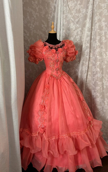 Delicate Jewel Neck A-Line Evening Gowns Beading Lace Appliques Handmade Flowers Puffy Sleeve Prom Dress AP2976