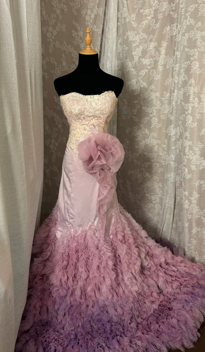 Fabulous Strapless Mermaid Evening Gowns Handmade Flowers Sequins Appliques Ruffled Tulle Prom Dress AP2980